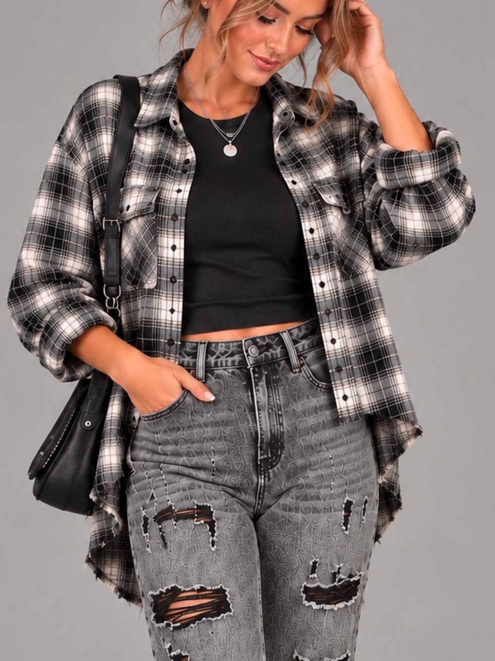 BUCKLE Blue B Distressed Grunge Cropped Raw Button Up Flannel Black Gray Small